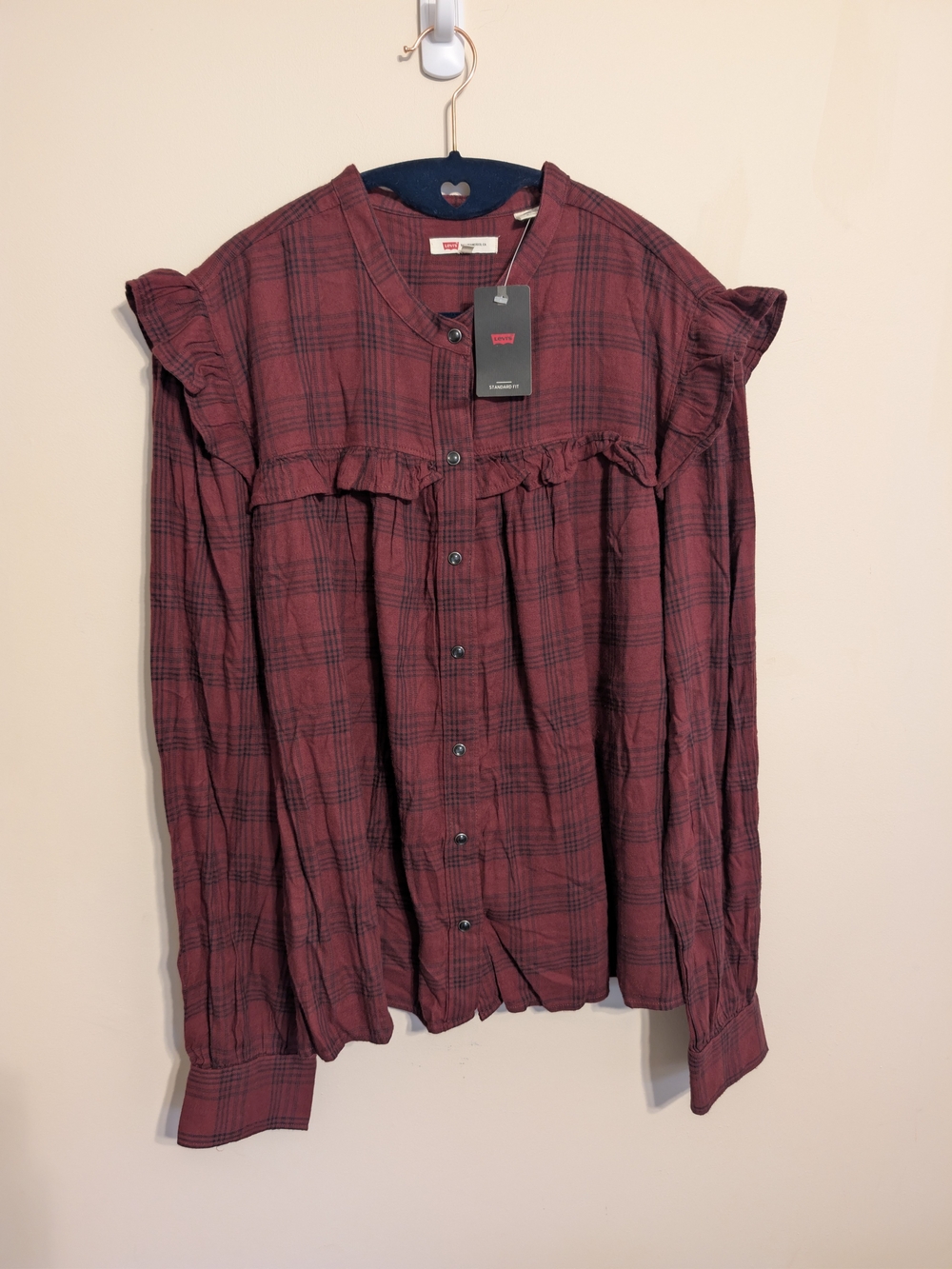 NWT Levi's Burgundy Plaid Ruffle Yoke Blouse XL | Cottagecore Boho Western